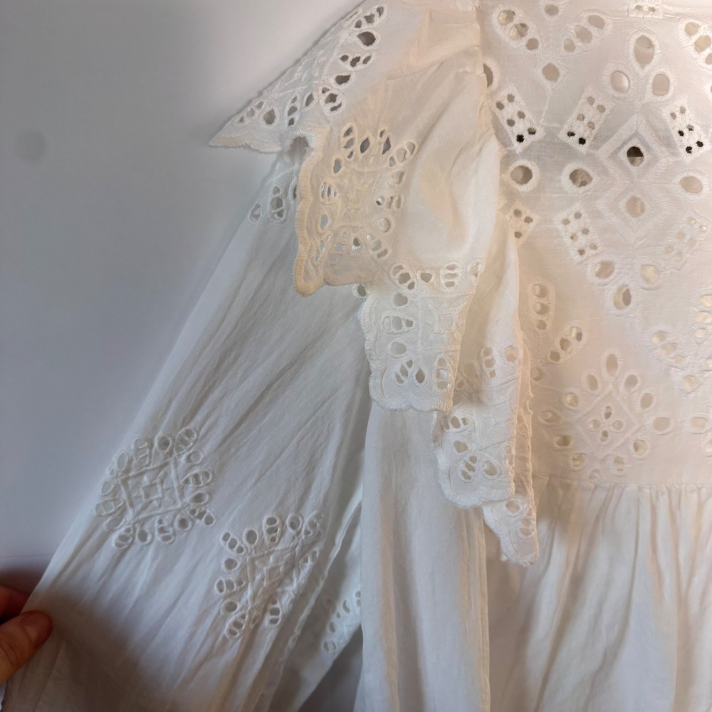 HM Eyelet Ruffle Blouse Womens‎ Size 2 White Long Sleeve Cotton Boho Cottagecore - Picture 7 of 12